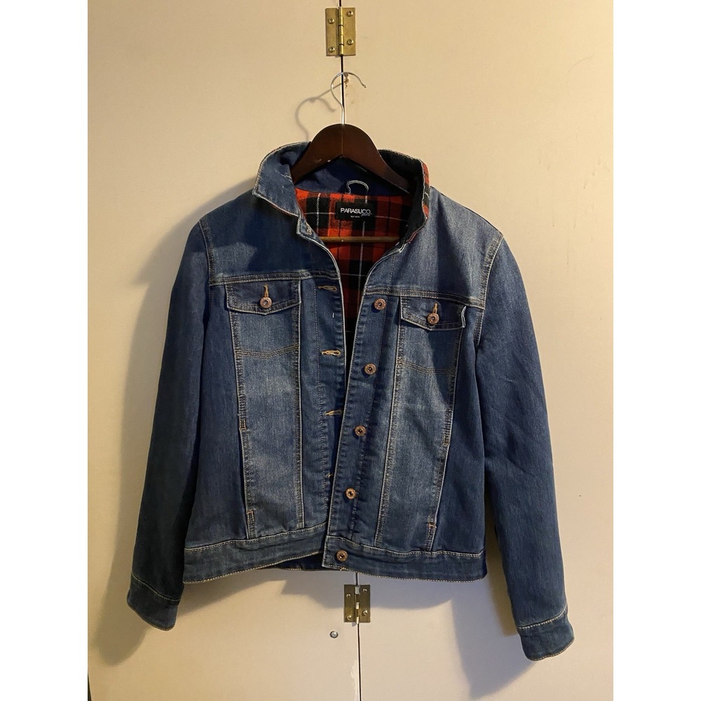 Parasuco Vintage Blue Denim Jean Jacket Woman’s Red Plaid Lining Small